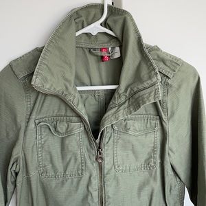 Military green utility jacket with drawcords